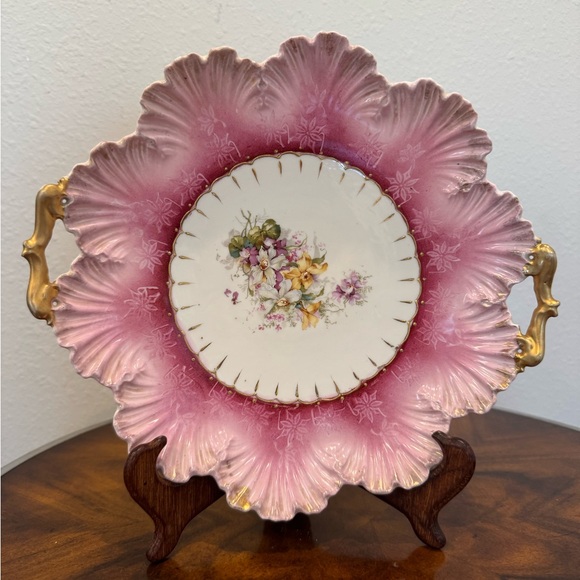 Antique Pink Floral Porcelain Decorative Cake Plate with Handles 12” - Picture 9 of 12